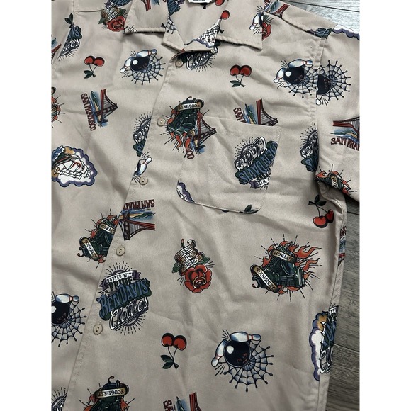 Rare Ben Davies Tattoo Print Inked Button San Francisco Beige Shirt Sz S Unisex - Picture 12 of 12